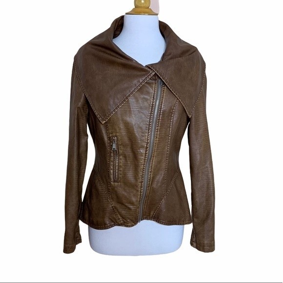 JOUJOU Brown Faux Leather Moto Jacket - Medium - Picture 6 of 10